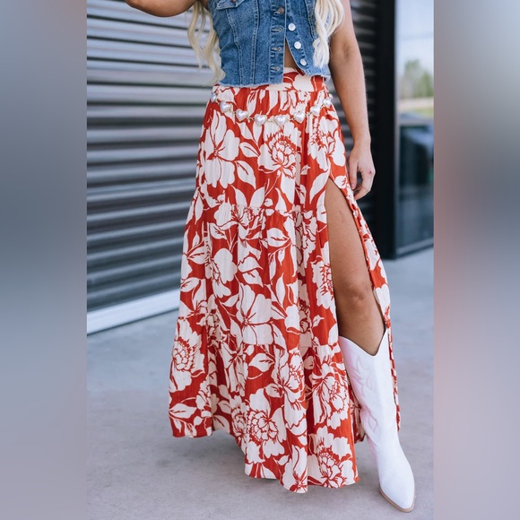 NWT Angie Floral Tropical Print Side Front Slit Long Maxi Skirt Clay - Picture 5 of 10